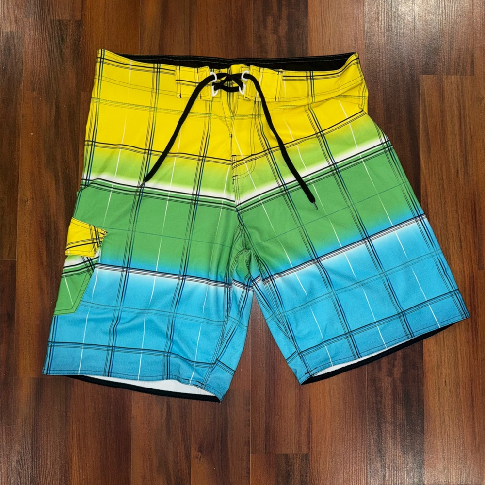 Burnside Black and Yellow Plaid Swim Trunks Size 36